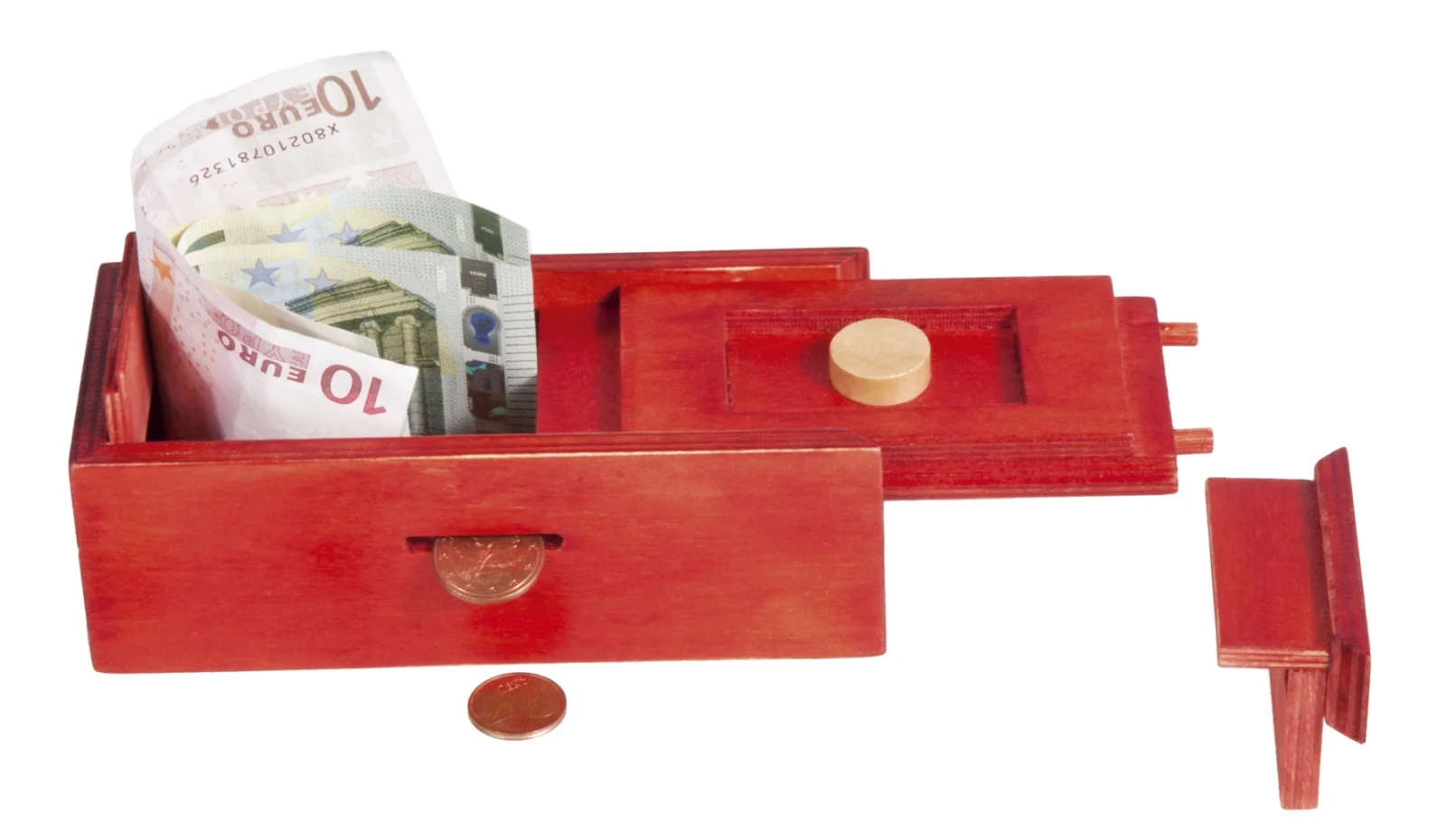 Fridolin 3D Дървен Логически пъзел Trick-Box Money-Червен/Кръг-17603