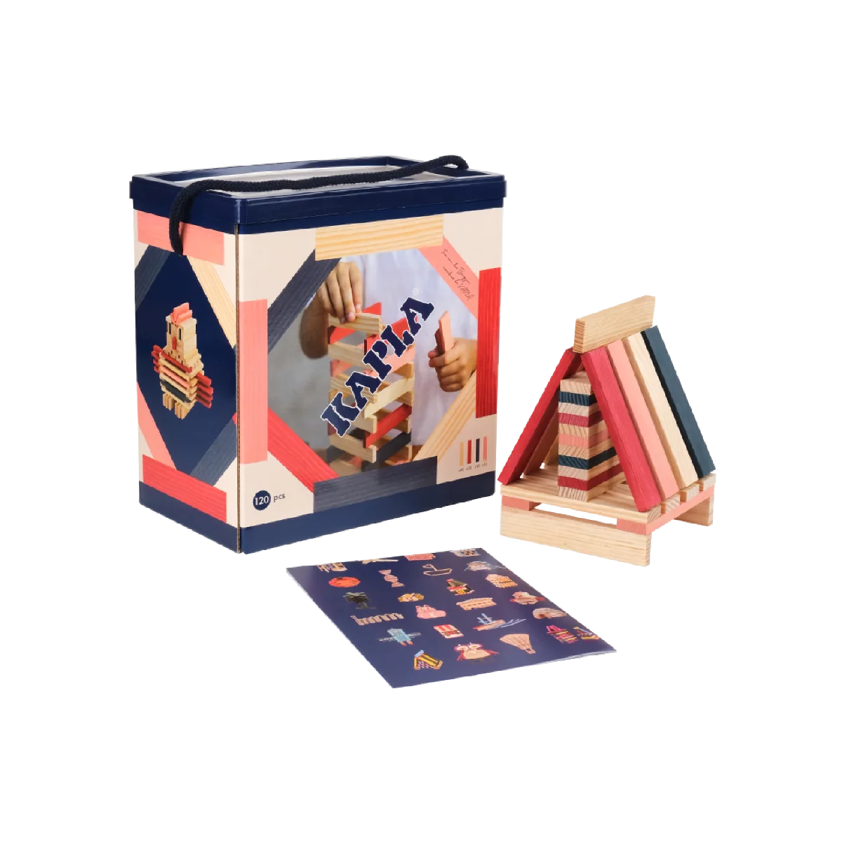 KAPLA&reg; Кутия 120 дървени елементи-натурално,синьо,розово,червено